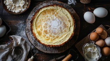 Tarifte kullanılan krem peynir, yumurta ya da ezilmiş bisküvi gibi malzemelerle çevrili, bir tepsi veya ahşap tahta üzerinde sanatsal olarak düzenlenmiş bir cheesecake 'in üst görüntüsü. Düz yatıyordu