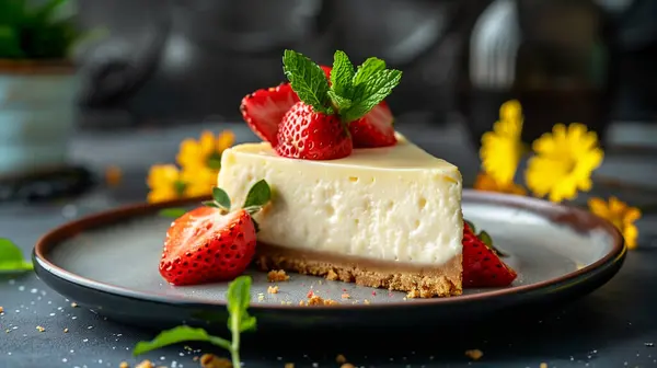 Bir tabakta çilekli lezzetli bir dilim cheesecake, koyu bir yüzeye yerleştirilmiş ve arka planda sarı çiçeklerle sıralanmış taze nane yapraklarıyla süslenmiş.