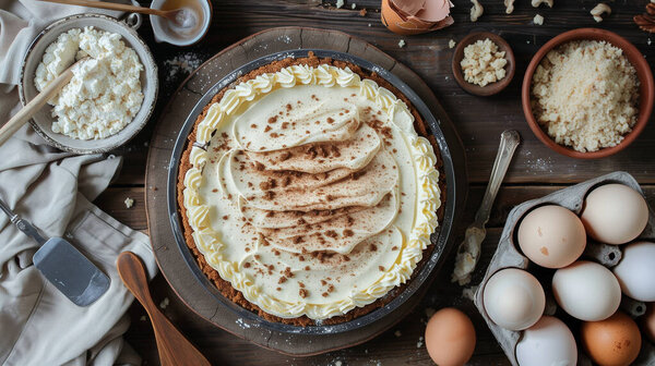 Flat lay composition of delicious homemade cheesecake, artistically arranged on a tray or wooden board, surrounded by ingredients used in the recipe, such as cream cheese, eggs or crushed biscuits. Top view