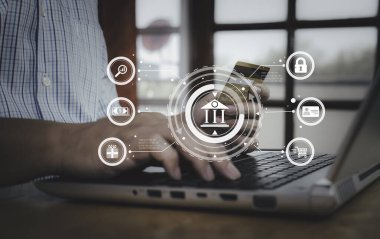 Businessman holding credit card to using laptop financial transactions and online shopping with technology icons digital banking, internet payment and financial technology, BNPL online shopping