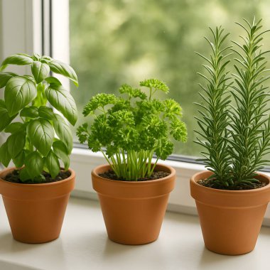 Fesleğen, maydanoz ve biberiye güneşli bir pencere eşiğinde terakotta kaplarında gelişiyor. Tazelik dolu canlı bir ev bahçesi yaratıyor.