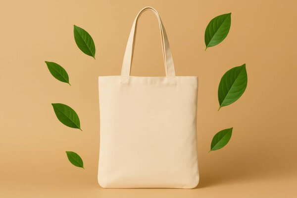 Biodegradable shopping bag surrounded by falling green leaves, symbolizing environmental consciousness and sustainable lifestyle