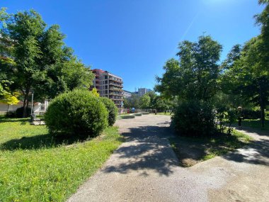 Bereketli ağaçlar, konut binalarını çevreleyen banklar, Pescara, İtalya 'da masmavi gökyüzünün altındaki yemyeşil manzarayı aydınlatan güneş ışığı içeren kentsel yeşil alan