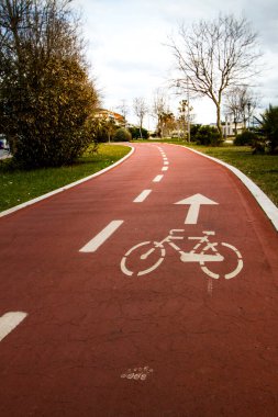 Yeşil park manzarasında kıvrımlı serpentin kırmızı bisiklet yolu, çevre dostu kentsel ulaşım altyapısını vurguluyor