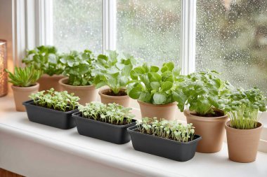 Terracotta kaplarında filizlenen yeşil filizler yağmur damlacıklarıyla kaplı pencere pervazları, küçük ölçekli iç bahçe atmosferini besliyor.