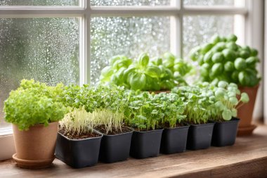 Aromatik otlar ve mikro yeşiller pencere kenarında gelişiyor, yağmurlu bir günde yeşile bir dokunuş ekliyor, ev işlerini ve sağlıklı beslenmeyi teşvik ediyor.