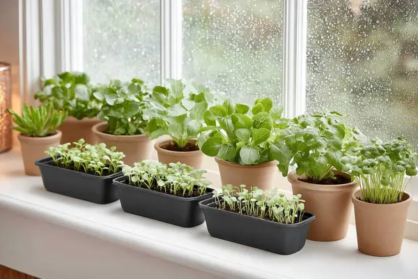 Terracotta kaplarında filizlenen yeşil filizler yağmur damlacıklarıyla kaplı pencere pervazları, küçük ölçekli iç bahçe atmosferini besliyor.