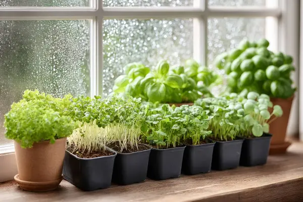 Aromatik otlar ve mikro yeşiller pencere kenarında gelişiyor, yağmurlu bir günde yeşile bir dokunuş ekliyor, ev işlerini ve sağlıklı beslenmeyi teşvik ediyor.