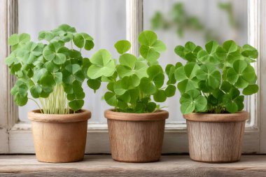 Kırsal ahşap pencere eşiğinde, terakotta kaplarında filizlenen yeşil yonca mikro yeşillikleri, ev bahçelerinin tazeliğini ön plana çıkarıyor.