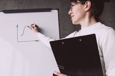 Graph, diagrams and building a business plan. Young woman trainer or speaker making presentation at flipchart