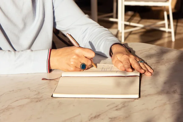 Stylish Woman Writing Notebook Placed Bright Desktop Sun Female Makes — Stock Photo, Image
