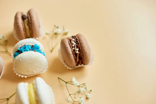 stock image Top view set of different french cookies macaroons, cake macarons with flowers on orange background, colorful almond cookies, pastel color