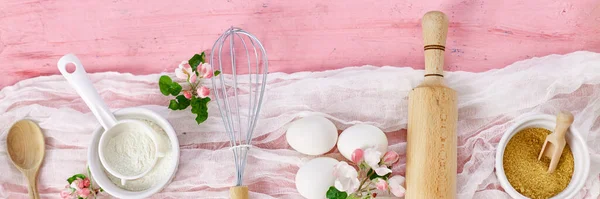 Banner Bakery Cooking Frame Flowers Ingredients Kitchen Items Pastry Pink — Stock Photo, Image