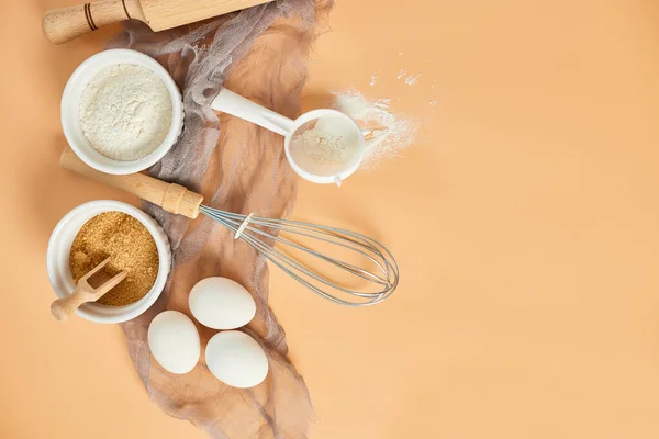 Bakery Cooking Frame Ingredients Kitchen Items Pastry Pastel Orange Background — Stock Photo, Image
