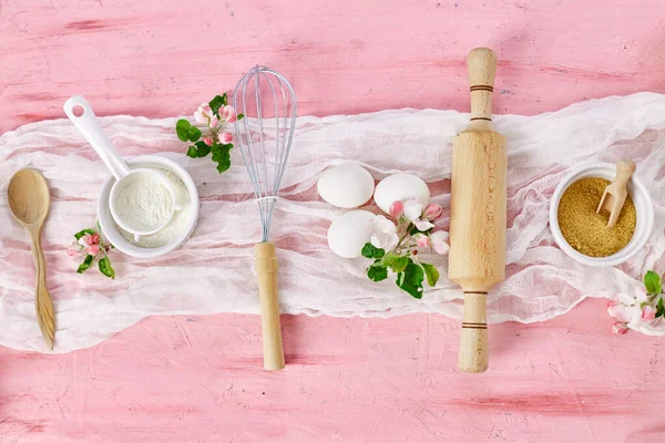 Bakery Cooking Frame Flowers Ingredients Kitchen Items Pastry Pink Background — Stock Photo, Image