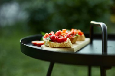 İtalyan bruschetta 'sı taze kırmızı domatesler ve fesleğenli otlar bahçedeki ahşap tahta üzerinde, arka bahçede, evde, gün ışığında. Klasik İtalyan yemeği, antipasto.