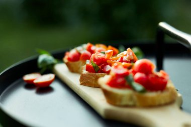 İtalyan bruschetta 'sı taze kırmızı domatesler ve fesleğenli otlar bahçedeki ahşap tahta üzerinde, arka bahçede, evde, gün ışığında. Klasik İtalyan yemeği, antipasto.