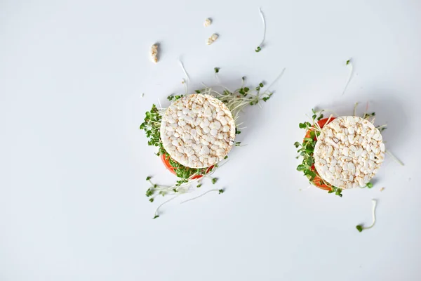 Top View Healthy Burger Crispy Rice Bread Vegetables Tomato Microgreens — Stock Photo, Image
