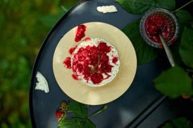 Siyah arka planda pirinç gevreği ve ahududu reçeli kek, açık hava bahçesi taze çalı, güneş ışığı. Kolay yemek. Sağlıklı katmanlı tatlı, vegan, diyet, organik doğal doğum günü. 