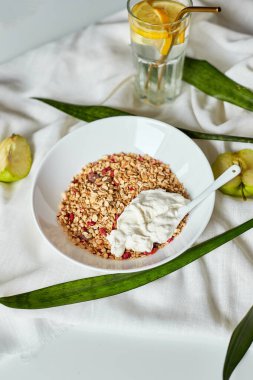 Yunanlı yoğurtla sabah kahvaltısı ve limonlu bir bardak detoks suyu ev yapımı yulaf ezmesi, sağlıklı yiyecekler..