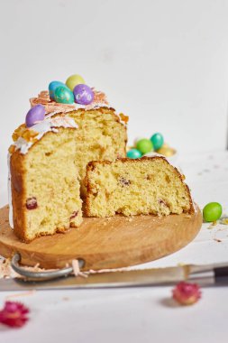 Happy Easter, A piece of cut Easter cake for the holiday. The concept of preparing for the Easter holiday.