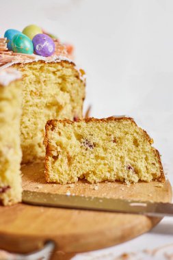 Happy Easter, A piece of cut Easter cake for the holiday. The concept of preparing for the Easter holiday.