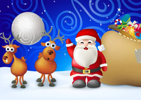 Vector Illustration Santa Claus Reindeer Sack Full Gifts Moon — Stock Vector