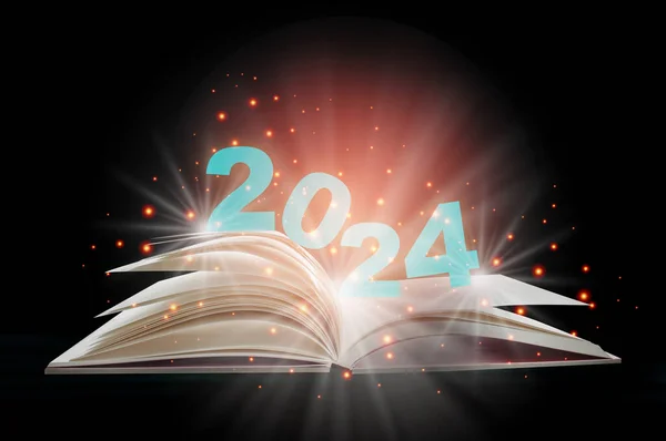 2024年新年 白纸幻想书开卷 书页光彩夺目 背景为黑色 奇迹快乐假日的概念与神秘开始的概念 — 图库照片