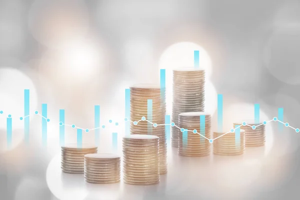 Stack of coins and growth graph on bokeh background. Sustainable business with return on investment concept and economic growth idea