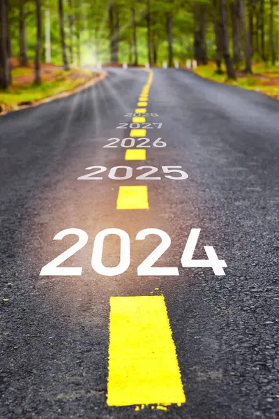 2024 to 2028 sustainable future lifestyle on road in the forest. Inspiration and motivation concept with recovery idea