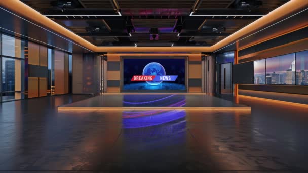 3D仮想テレビスタジオのニュース テレビ番組のための背景 Tv壁に3D仮想ニューススタジオの背景 3Dイラスト — ストック動画
