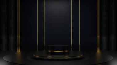 Arka planda altın parıltısı olan siyah geometrik platform. Kozmetik ürünler için lüks sahne, vitrin, promosyon 