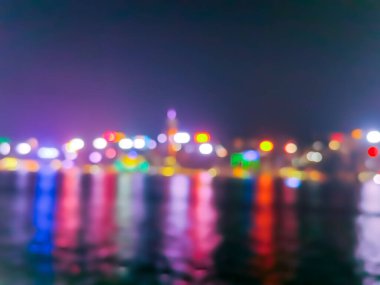 Geceleyin Hong Kong şehrinin arkaplanı için soyut Bokeh silueti