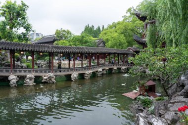 Şangay, Çin - Haziran 06, 2024: Yu Garden, Şangay 'da geleneksel bir Çin köprüsü var. Köprü yemyeşil ve bahçenin ikonik mimarisi ile çevrilidir..