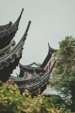 Yu Garden 'daki geleneksel bir Çin binasının saçaklarına yakın çekim. Karmaşık oymalar antik Çin 'in işçiliğinin bir kanıtıdır..