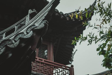 Yu Garden, Şangay 'daki süslü çatı ve yapraklı dalların alçak açılı görüntüsü..