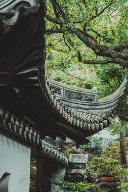 Geleneksel bir Çin binasının süslü çatı çizgisine yakın çekim. Yeşillik ve ön planda saksı ağacı var..