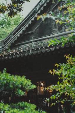 Yeşil çatılı geleneksel bir Çin binasının yakın çekim görüntüsü. Ahşap bir pencerenin kafes işi yapraklarla kısmen gizlidir..