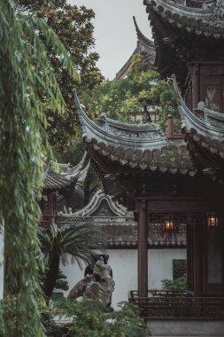 Geleneksel bir Çin binasının çatısında, verimli bir bahçe ortamında, karmaşık detaylar ve sakin bir atmosfer sergileniyor..