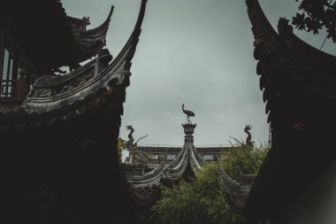 Çin, Şangay 'daki Yu Garden' ın içinden, çatının detaylarını ve çatının tepesine tünemiş bir vinç heykelini gösteren bir manzara..