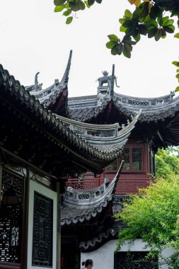Şangay, Çin - Haziran 06, 2024: Şangay 'daki Yu Garden' da geleneksel Çin mimarisinin karmaşık çatıları. Yeşillik, bu tarihi bahçenin güzelliğini gözler önüne seriyor..