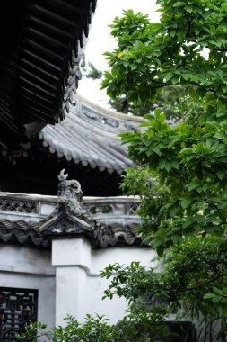 Şangay, Çin - Haziran 06, 2024: Yu Garden 'ın Şangay, Çin' deki karmaşık mimarisine bir göz atma, yemyeşil tarafından çerçevelenmiştir. Geleneksel Çin binası kısmen yapraklarla gizlidir..