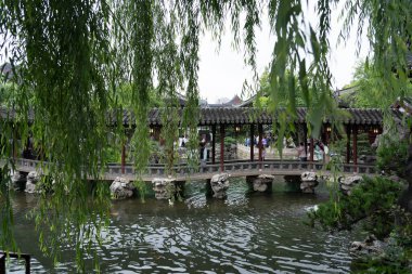 Şangay, Çin - Haziran 06, 2024: Çin 'in Şangay kentindeki Yu Garden' da suların üzerinde yemyeşil ve söğüt dalları asılı bir köprü ve gölet manzarası.