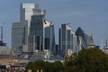 Londra, İngiltere - 09 Ekim 2023: Yüksek, modern binalar ve geleneksel mimari ile Londra 'nın ufuk çizgisinin bir kısmı yemyeşil ile kısmen gizlenmiş görünümü.