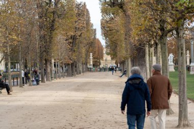 Paris, Fransa - 18 Ekim 2023: İki kişi Paris parkında ağaçlarla kaplı bir patika boyunca yürüyor.