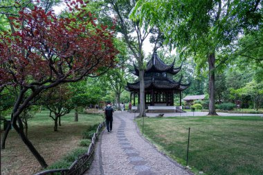 Suzhou, Çin - 11 Haziran 2024: Geleneksel Çin çardağına uzanan yemyeşil bir bahçede taş bir yol esiyor.