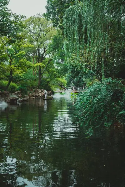 stock image Suzhou, China - June 11, 2024 : A tranquil pond in the Humble Administrator's Garden in Suzhou, China, surrounded by lush greenery.