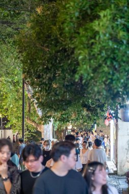 Suzhou, Çin - 11 Haziran 2024: Büyük bir ağaç Çin 'in Suzhou kentindeki kalabalık bir caddeyi gölgeliyor. İnsanlar hareketli pazarda yürürken batan güneş altın bir parıltı saçar.