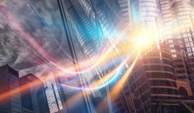 Çerçevenin içinden geçen parlak ışık yollarıyla soyut bir şehir manzarası..