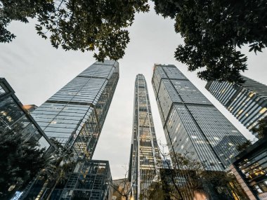 Shenzhen, Çin - 12 Şubat 2025: Çağdaş gökdelenler Shenzhen, Çin 'de alçak bir perspektiften bakıldığında yükselir. Gökyüzüne karşı yeşilliklerle çerçevelenmiş çağdaş binalar gökyüzüne hakim..
